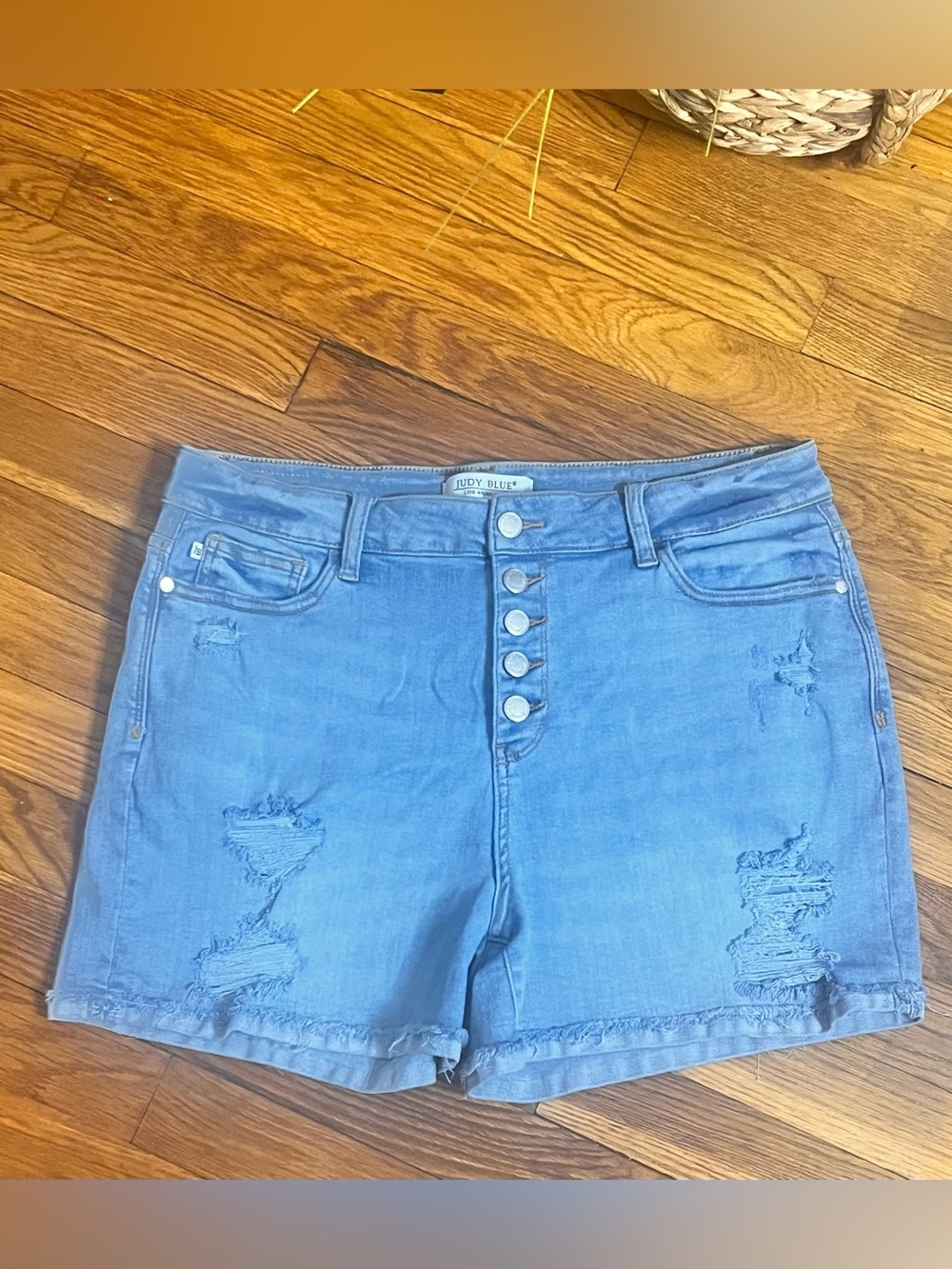 Judy Blue Mid Wash Distressed Button-Fly Denim Shorts